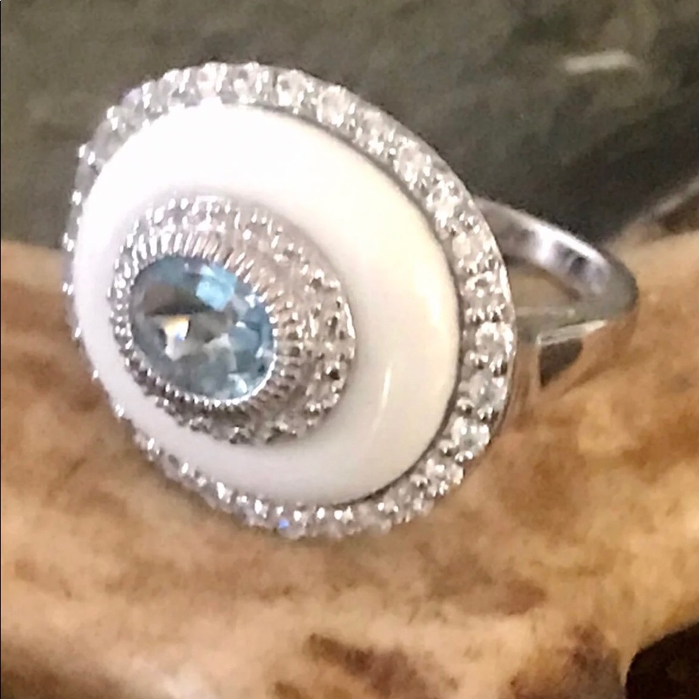 Clyde Duneier White Onyx/Blue Topaz Sterling Ring